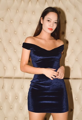 Navy velvet off the shoulder dress from New Retro UK