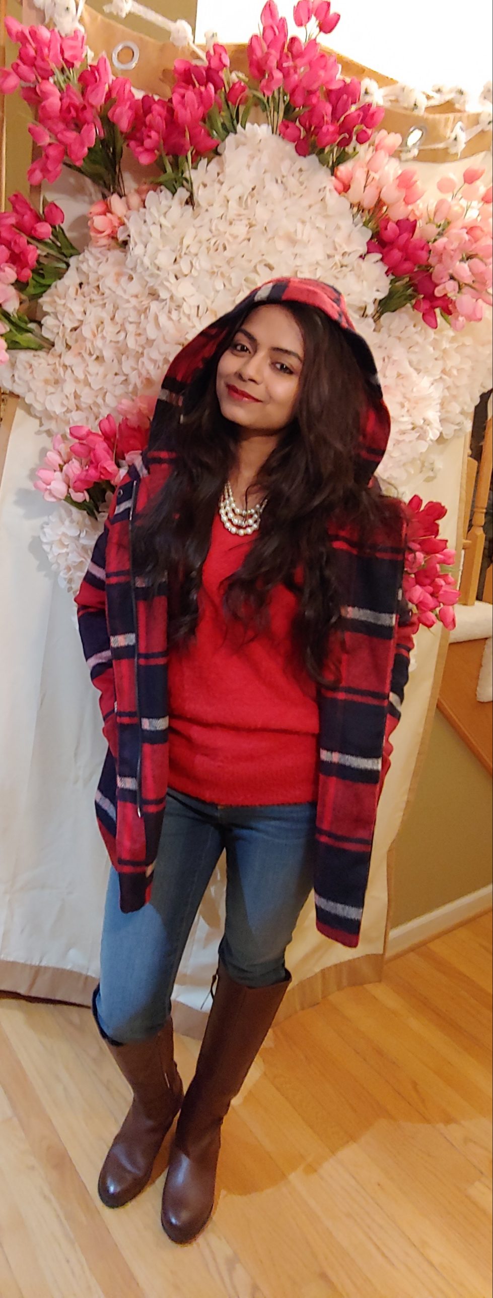 Bidisha Sinha red hooded flannel
