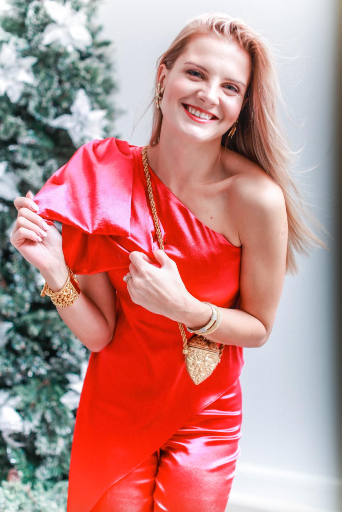 red one-shoulder top for the holidays